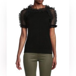 Sioni Women's Black Mixed Media Mesh & Ruffle Elegant Blouse-Size M